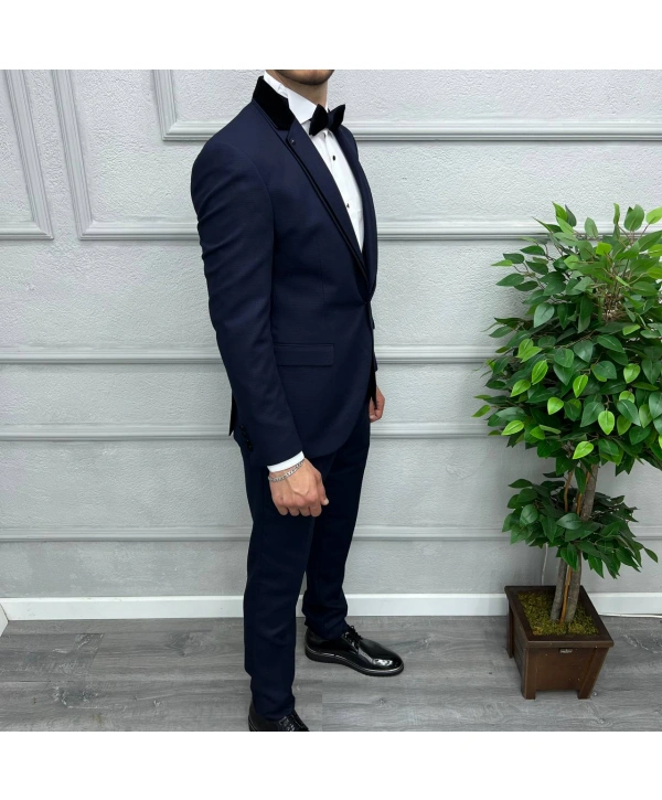 Erkek Dar Kesim Yakası Çıkabilen Damatlık Takım Elbise-Lacivert