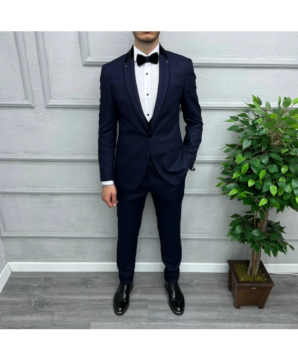 Erkek Dar Kesim Yakası Çıkabilen Damatlık Takım Elbise-Lacivert