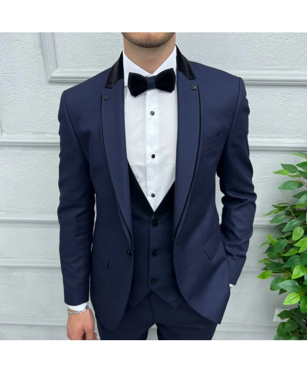 Erkek Dar Kesim Yakası Çıkabilen Damatlık Takım Elbise-Lacivert