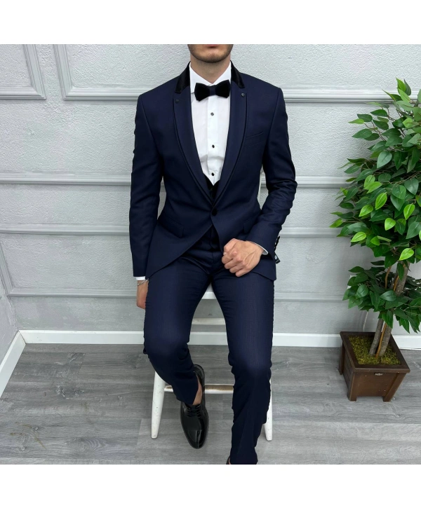 Erkek Dar Kesim Yakası Çıkabilen Damatlık Takım Elbise-Lacivert