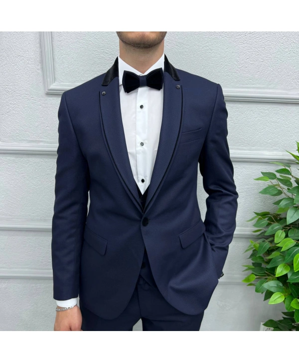 Erkek Dar Kesim Yakası Çıkabilen Damatlık Takım Elbise-Lacivert