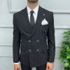 Erkek Dar Kesim Silimfit Kruvaze Çizgili Takım Elbise-Siyah