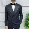 Erkek Dar Kesim Slimfit Saten Yaka Kruvaze Damatlık Takım Elbise-Lacivert