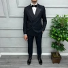 Erkek Dar Kesim Slimfit Saten Yaka Kruvaze Damatlık Takım Elbise-Lacivert