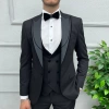 Erkek Dar Kesim Slimfit Yelekli Yakası Çıkabilen Damatlık Takım Elbise-Siyah