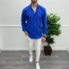 Erkek Dar Kesim Slimift Likralı Rahat Keten Gömlek- Mavi
