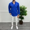 Erkek Dar Kesim Slimift Likralı Rahat Keten Gömlek- Mavi