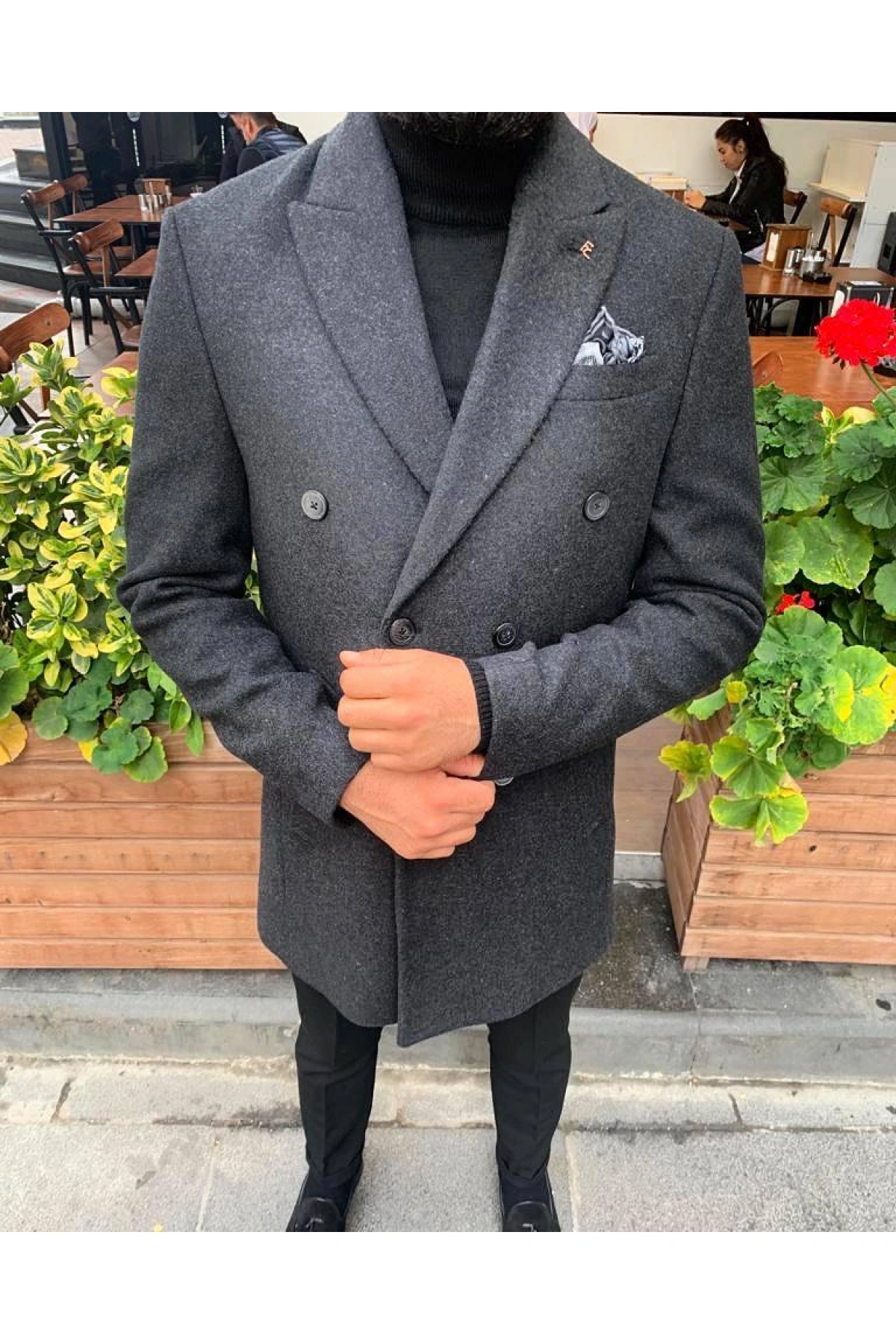 Erkek Dar Kesim Kaşe  Kruvaze Kaban - Füme