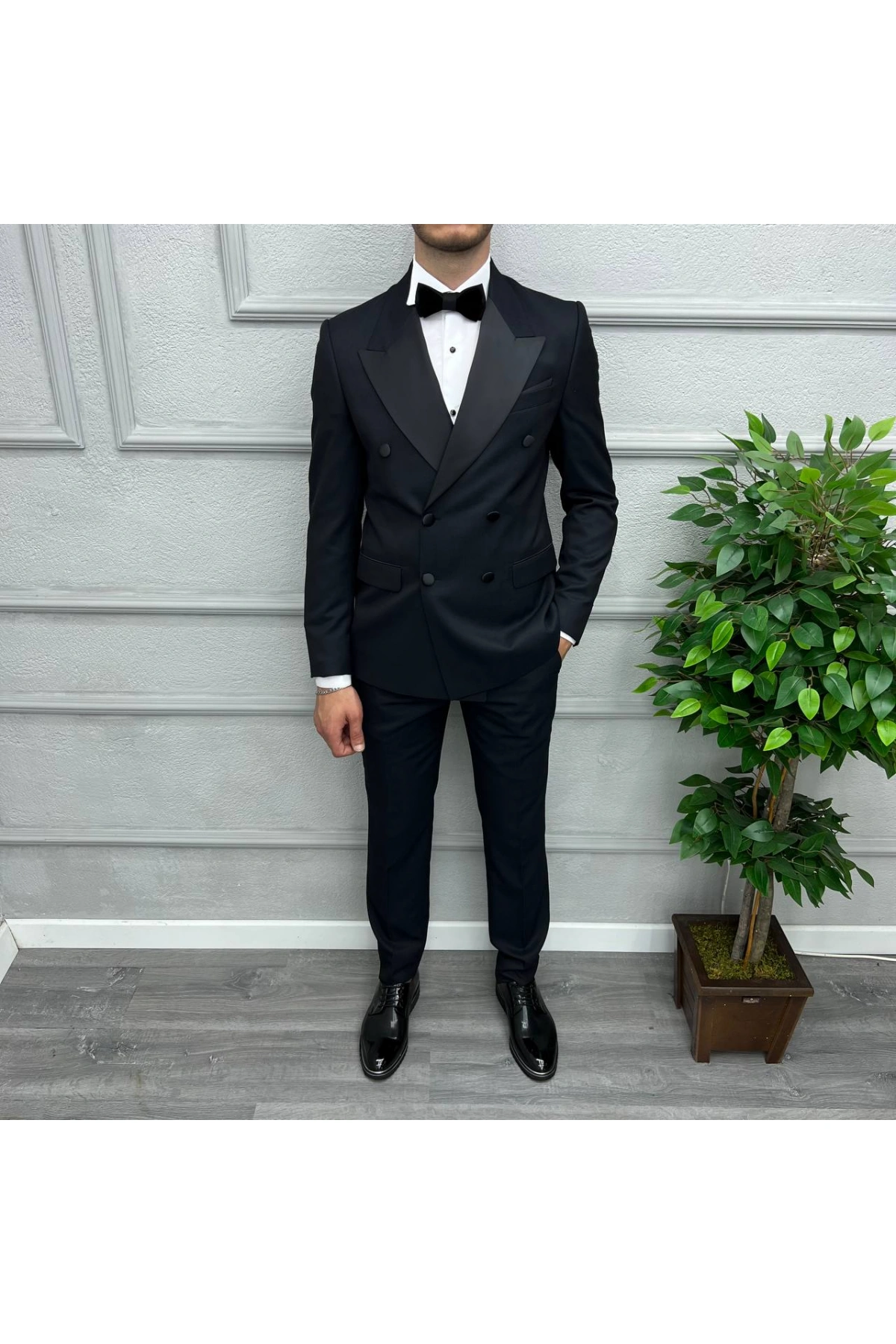 Erkek Dar Kesim Slimfit Saten Yaka Kruvaze Damatlık Takım Elbise-Lacivert