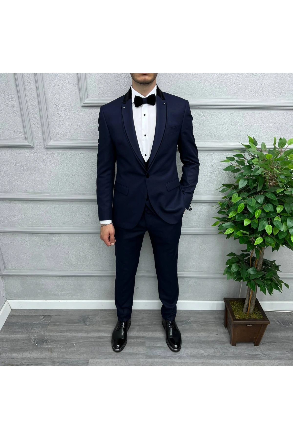 Erkek Dar Kesim Yakası Çıkabilen Damatlık Takım Elbise-Lacivert