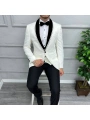 Erkek Dar Kesim Slimfit Yelekli Saten Kadife Detaylı Yakası Çıkabilen Damatlık Takım Elbise-Beyaz