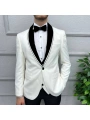Erkek Dar Kesim Slimfit Yelekli Saten Kadife Detaylı Yakası Çıkabilen Damatlık Takım Elbise-Beyaz