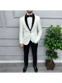 Erkek Dar Kesim Slimfit Yelekli Saten Kadife Detaylı Yakası Çıkabilen Damatlık Takım Elbise-Beyaz