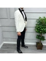 Erkek Dar Kesim Slimfit Yelekli Saten Kadife Detaylı Yakası Çıkabilen Damatlık Takım Elbise-Beyaz