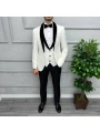 Erkek Dar Kesim Slimfit Yelekli Saten Kadife Detaylı Yakası Çıkabilen Damatlık Takım Elbise-Beyaz