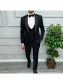 Erkek Dar Kesim Slimfit Yelekli Yakası Çıkabilen Damatlık Takım Elbise-Siyah