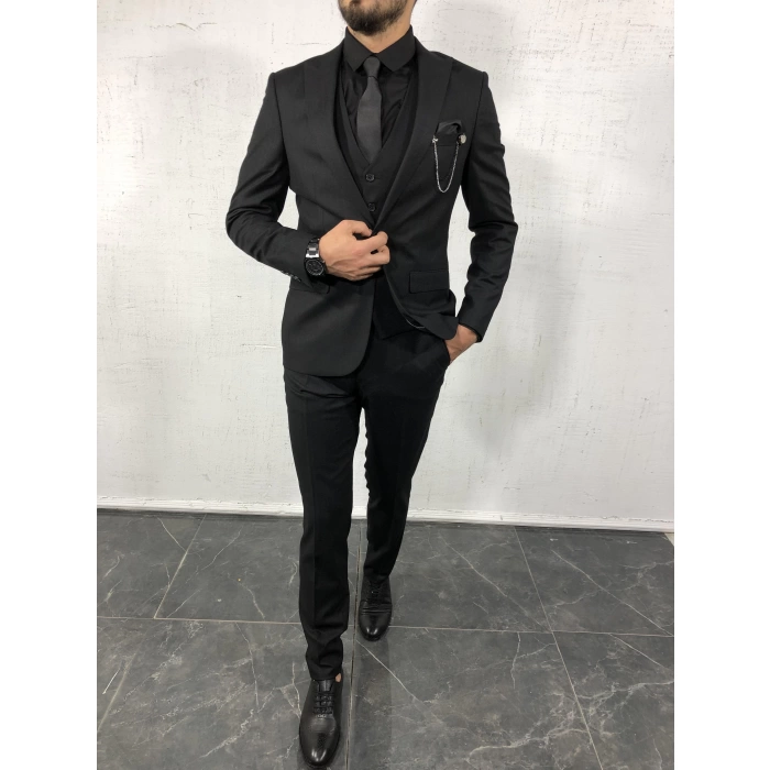 Erkek Dar Kesim Yelekli Takım Elbise - Siyah