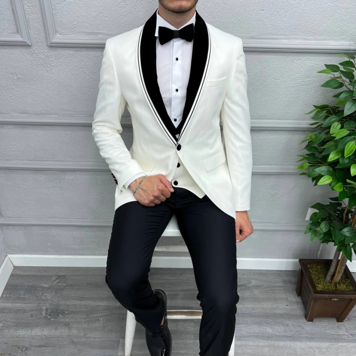 Erkek Dar Kesim Slimfit Yelekli Saten Kadife Detaylı Yakası Çıkabilen Damatlık Takım Elbise-Beyaz