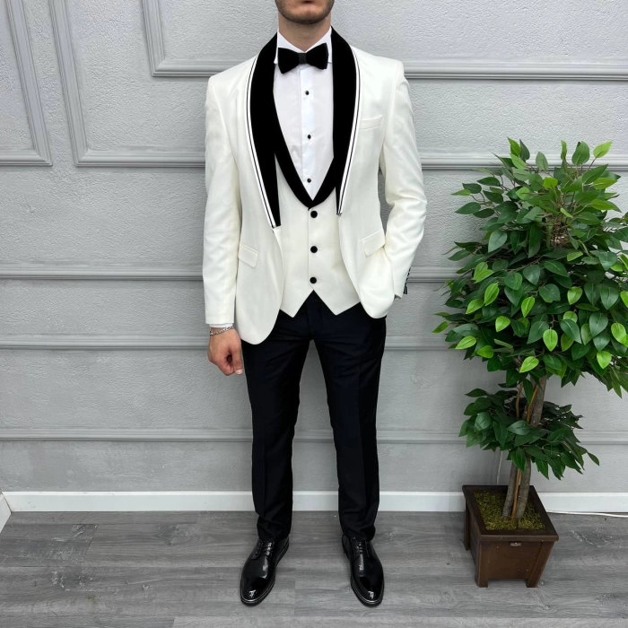 Erkek Dar Kesim Slimfit Yelekli Saten Kadife Detaylı Yakası Çıkabilen Damatlık Takım Elbise-Beyaz
