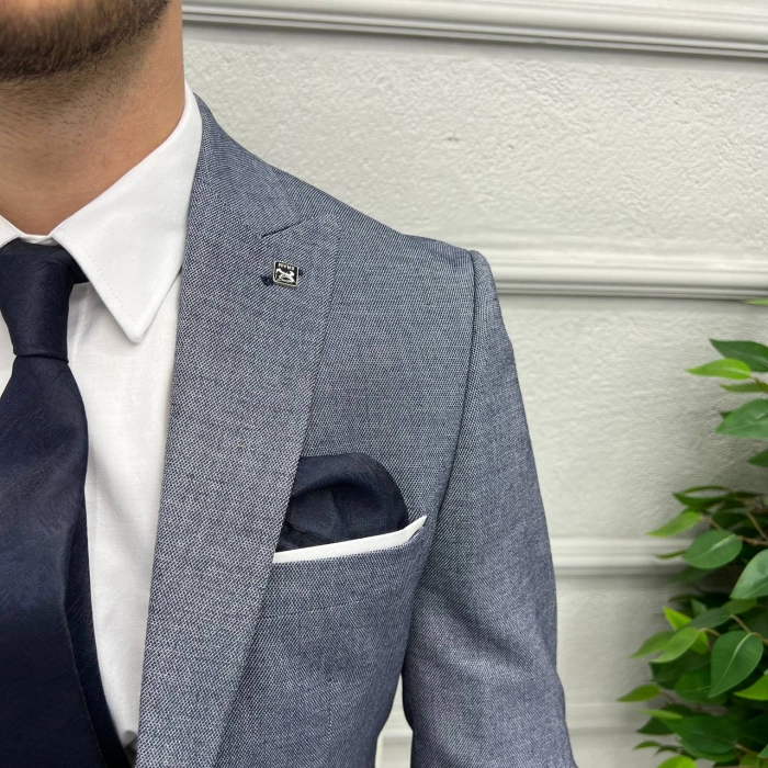 Erkek Dar Kesim Slimfit Yelekli Takımı Elbise-Mavi