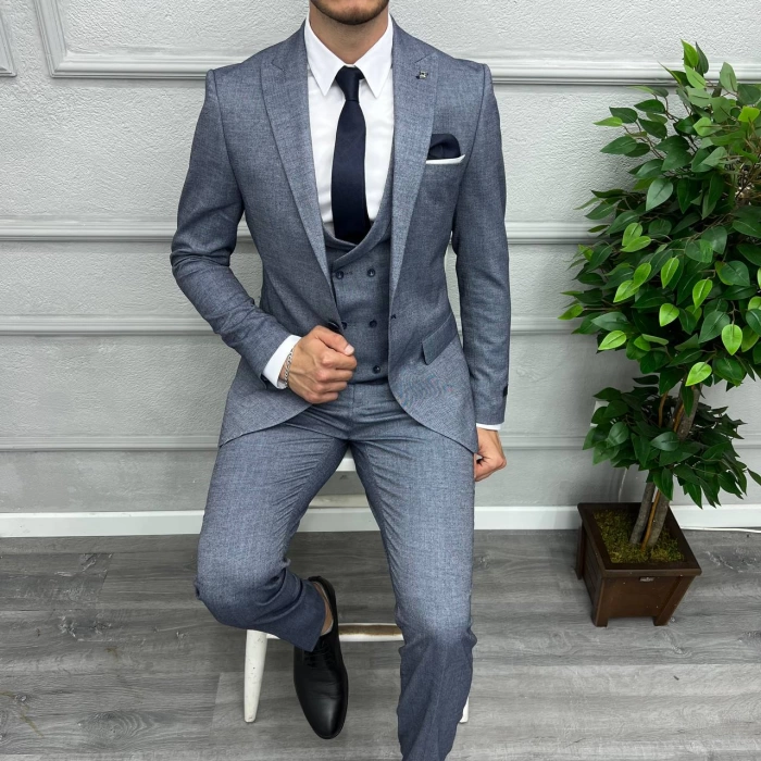 Erkek Dar Kesim Slimfit Yelekli Takımı Elbise-Mavi