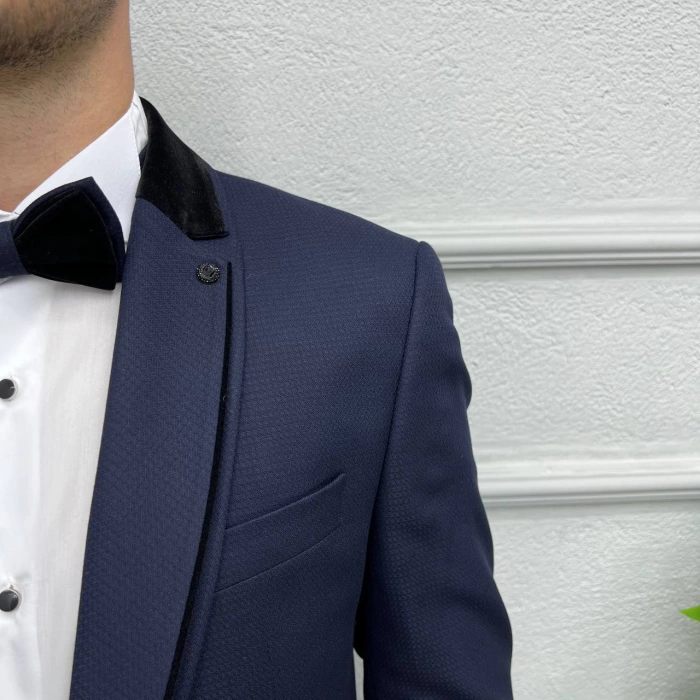 Erkek Dar Kesim Yakası Çıkabilen Damatlık Takım Elbise-Lacivert