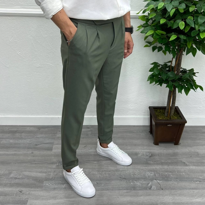Erkek Dar Kesim Yüksek Bel Pileli Duble Paça Keten Pantolon-Yeşil