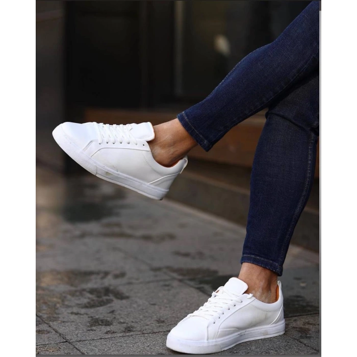 Erkek Sneakers Bağcıklı İnce Taban Spor Ayakkabı-Beyaz