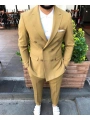 Erkek Kruvaze Model Dar Kesim  Likralı  Takım Elbise-Hardal Sarısı