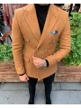 Erkek Dar Kesim Kaşe Metal Düğme Kruvaze Ceket - Taba