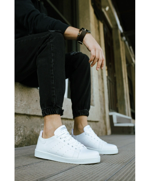 Yeni Sezon İnce Taban Günlük Spor  Bağcıklı Ayakkabı -Beyaz-Beyaz