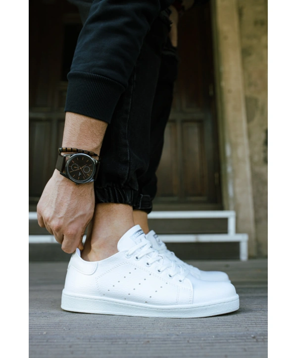 Yeni Sezon İnce Taban Günlük Spor  Bağcıklı Ayakkabı -Beyaz-Beyaz