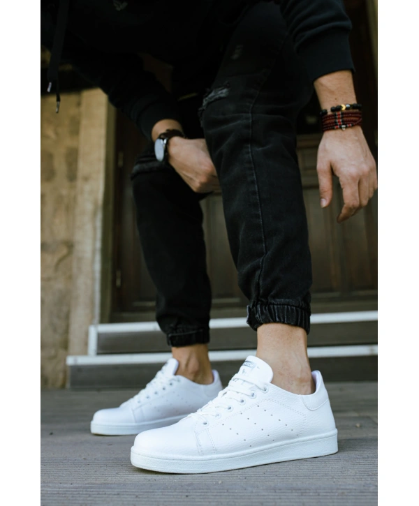 Yeni Sezon İnce Taban Günlük Spor  Bağcıklı Ayakkabı -Beyaz-Beyaz