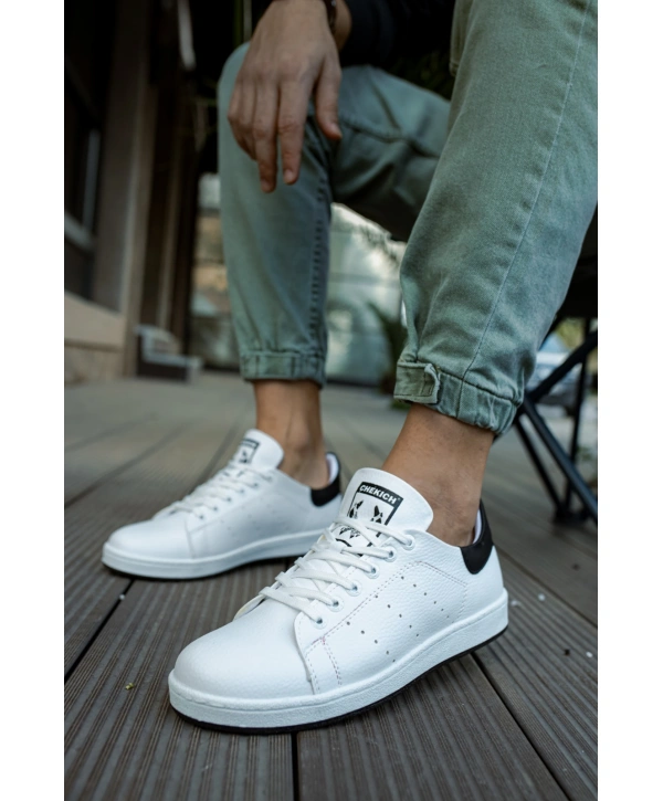 Yeni Sezon İnce Taban Günlük Spor  Bağcıklı Ayakkabı -Beyaz-Siyah