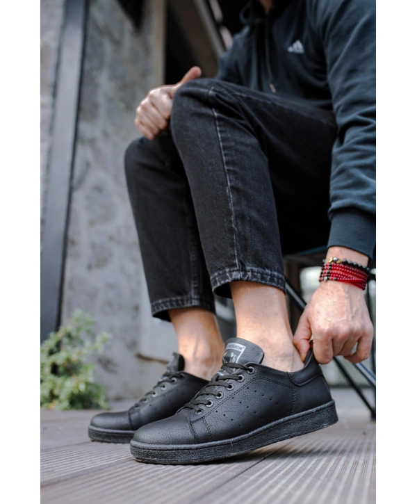 Yeni Sezon İnce Taban Günlük Spor Bağcıklı  Ayakkabı -Siyah-Siyah
