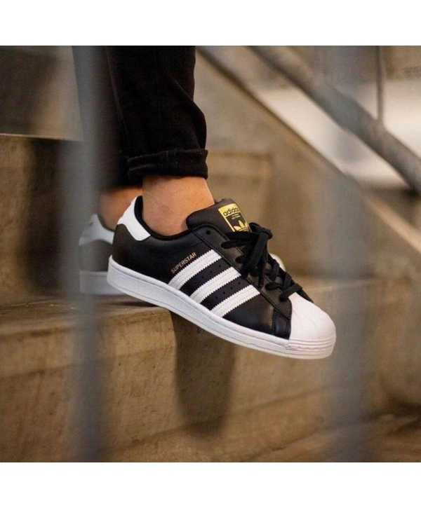 Unisex Deri Superstar Günlük Spor Ayakkabı-Siyah-Beyaz-Gold