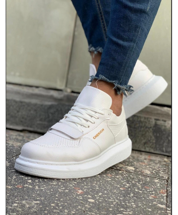 Erkek Yüksek Taban Günlük Spor Cırt Bantlı Rahat Ayakkabı -Beyaz-Beyaz