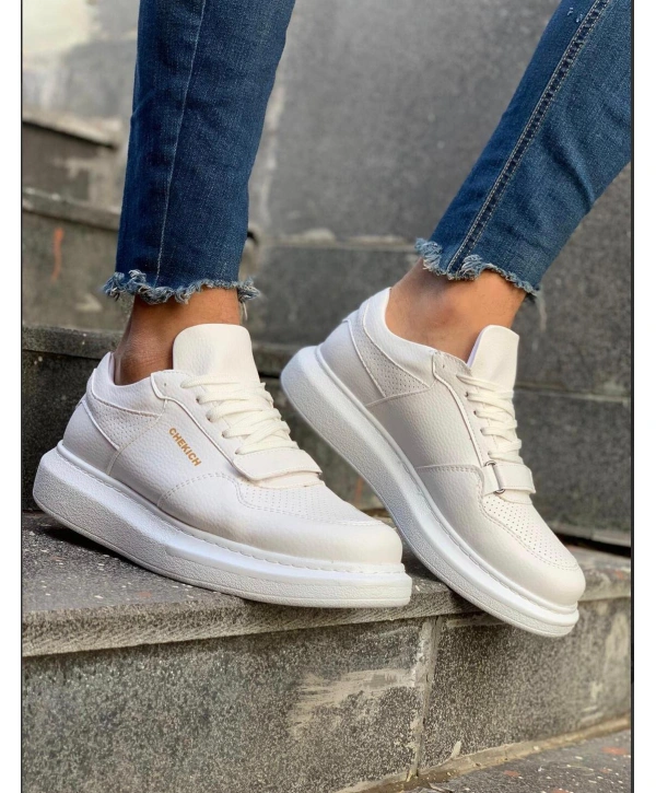 Erkek Yüksek Taban Günlük Spor Cırt Bantlı Rahat Ayakkabı -Beyaz-Beyaz