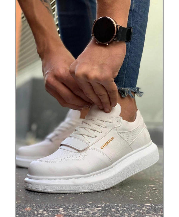 Erkek Yüksek Taban Günlük Spor Cırt Bantlı Rahat Ayakkabı -Beyaz-Beyaz