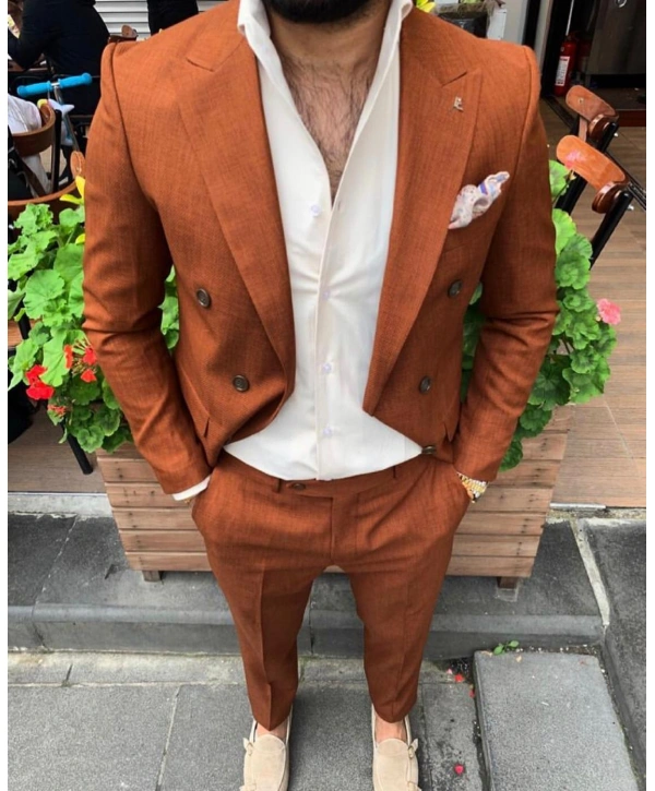 Erkek Dar Kesim Kruvaze Likralı Takım Elbise-Kiremit