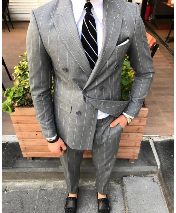 Erkek Dar Kesim Kruvaze Likralı Takım Elbise-Kiremit