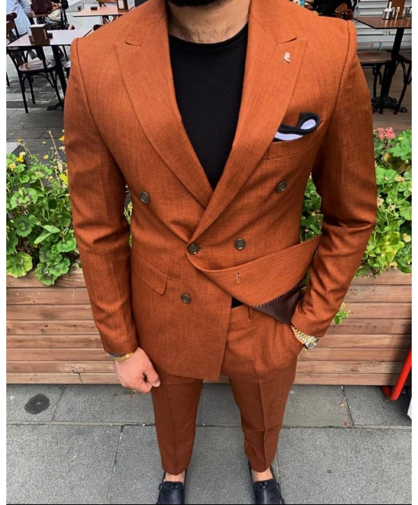 Erkek Dar Kesim Kruvaze Likralı Takım Elbise-Kiremit