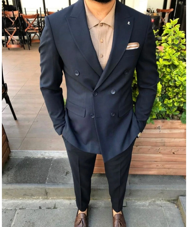 Erkek Kruvaze Model Dar Kesim Desenli  Likralı  Takım Elbise-Gri