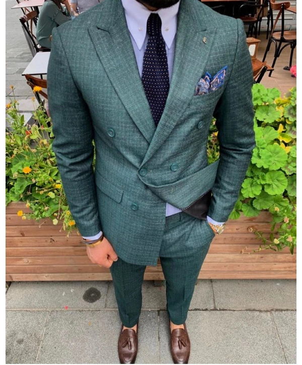 Erkek Kruvaze Model Dar Kesim Desenli  Likralı  Takım Elbise-Gri