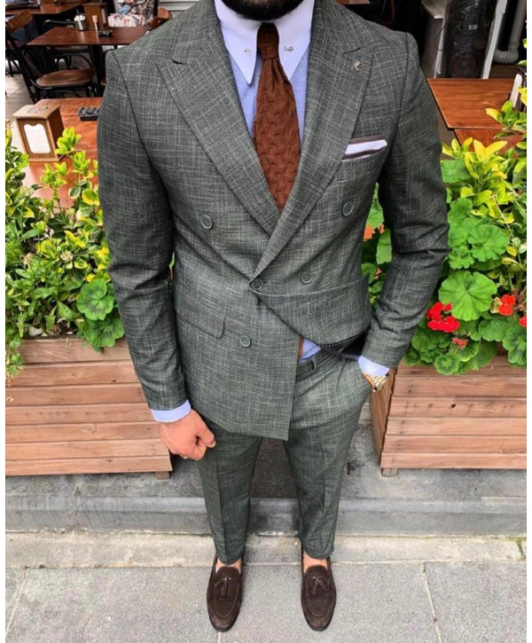 Erkek Kruvaze Model Dar Kesim Desenli  Likralı  Takım Elbise-Gri