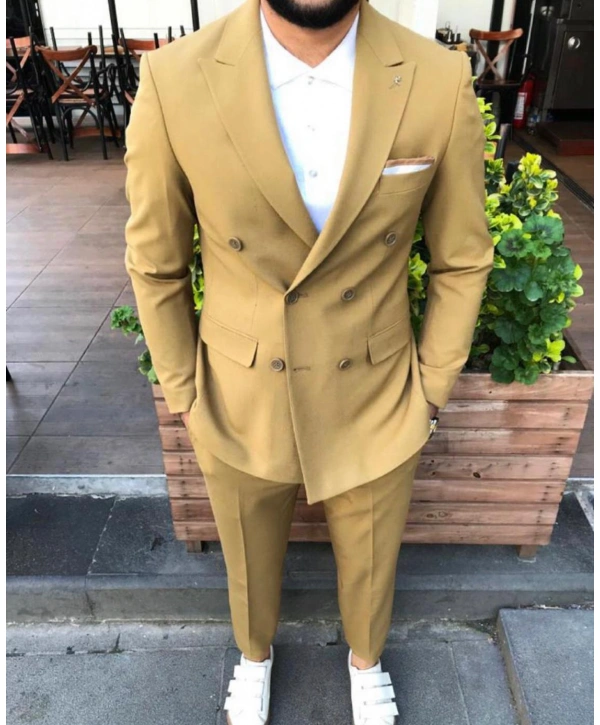Erkek Kruvaze Model Dar Kesim  Likralı  Takım Elbise-Hardal Sarısı
