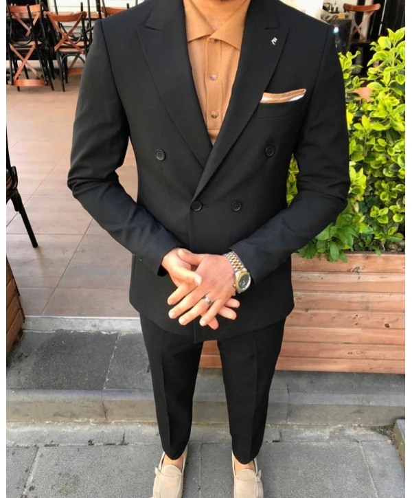 Erkek Kruvaze Model Dar Kesim  Likralı  Takım Elbise-Hardal Sarısı