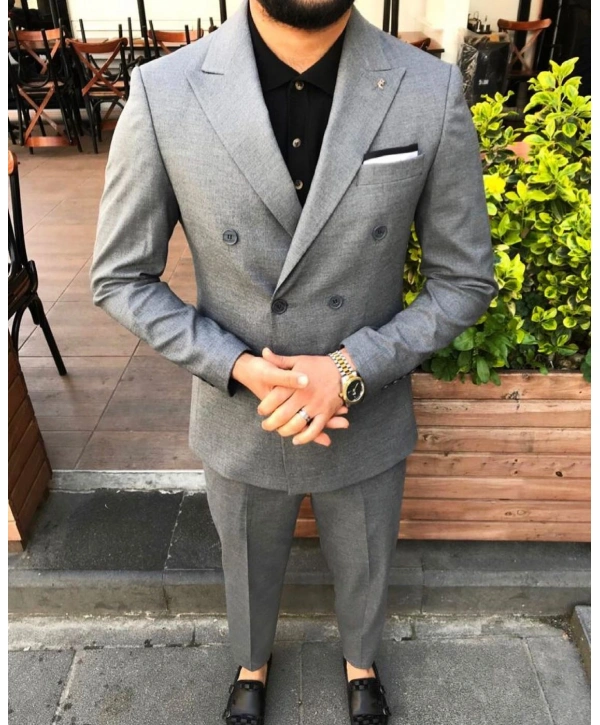 Erkek Kruvaze Model Dar Kesim  Likralı  Takım Elbise-Hardal Sarısı