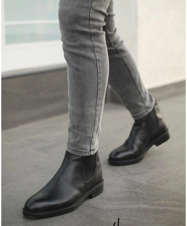 Yeni Sezon Erkek Kauçuk Taban Bağcıksız Deri Chelsea Bot-Siyah