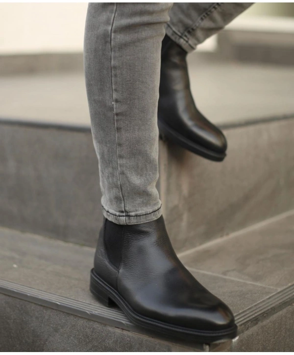 Yeni Sezon Erkek Kauçuk Taban Bağcıksız Deri Chelsea Bot-Siyah